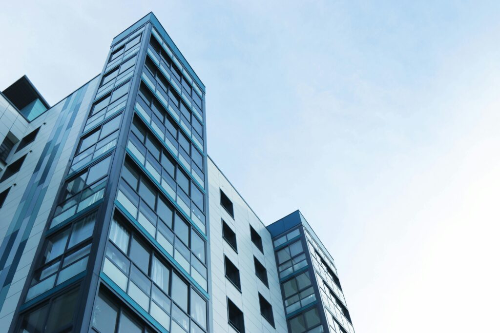 Modern high-rise building representing secure construction payments with PayLocker.