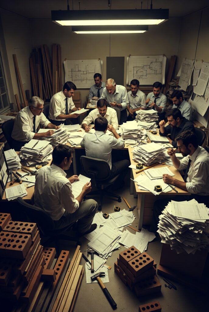 Construction site with managers and laptops