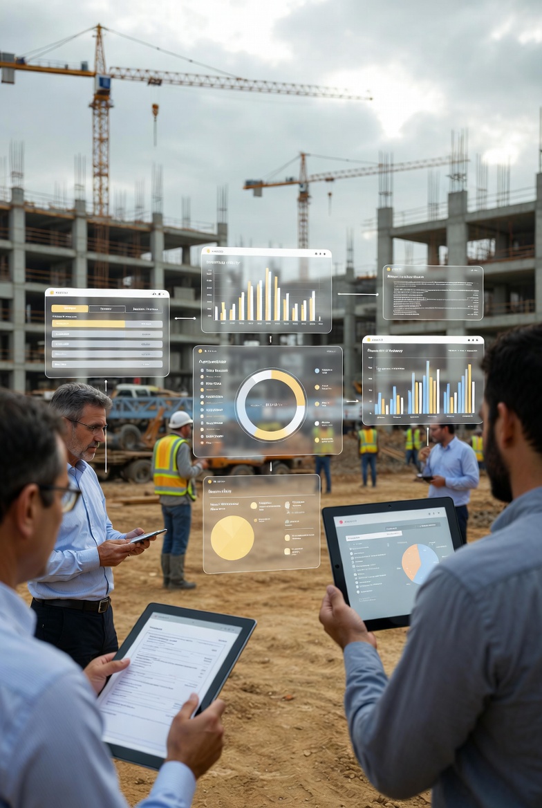 Construction professional reviewing real-time payment and claim status on a tablet
