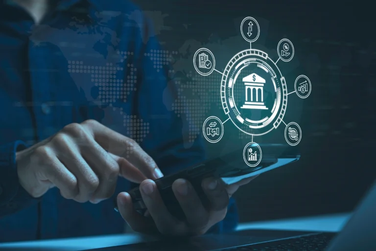 Person managing payments on a smartphone with digital banking graphics