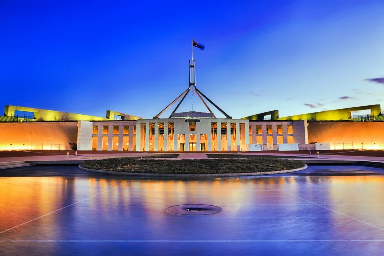 Parliament House Canberra with Australian flags