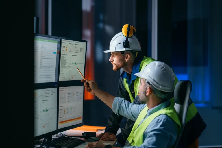 Two construction professionals reviewing project data on computer screens